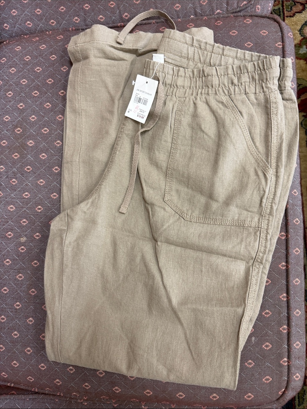 Wide-Leg Linen-Blend Drawstring Pants - Beige